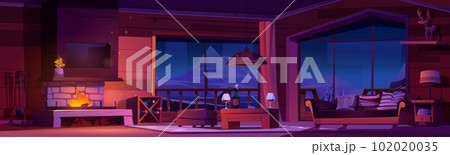 Night chalet interior with fireplace illustration Night chalet interior with fireplace illustration 102020035