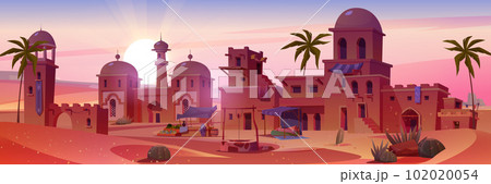 Cartoon ancient arab city in desert at sunset Cartoon ancient arab city in desert at sunset 102020054
