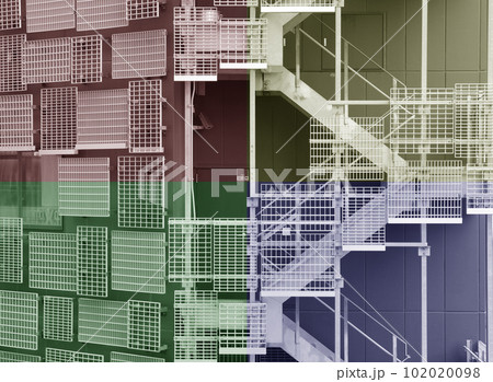 CG画像メッシュメタリックスチールテクノロジー建築ビル外観4分割色 CG画像メッシュメタリックスチールテクノロジー建築ビル外観4分割色 102020098