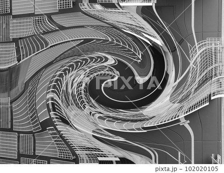 CG画像渦加工メッシュメタリックスチールテクノロジー建築ビル外観 102020105