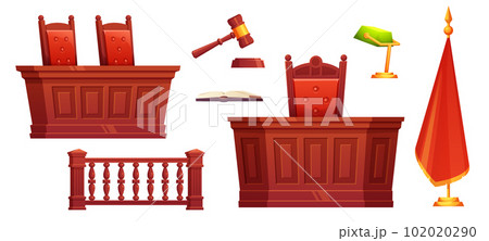 Cartoon court room interior set, trial furniture 102020290
