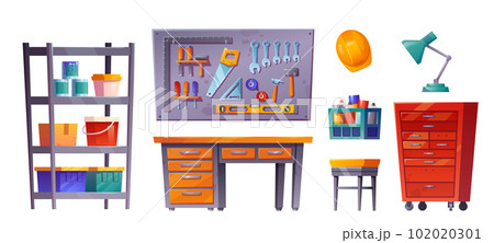 Workshop room interior in garage, tool storage 102020301
