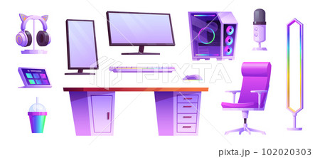 Isolated game computer streamer room interior set Isolated game computer streamer room interior set 102020303
