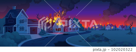 Apocalypse city road with fire building cartoon 102020322