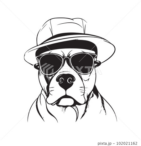 dog american staffordshire terrier in sunglasses and hat, vector concept digital art ,hand drawn illustration 102021162