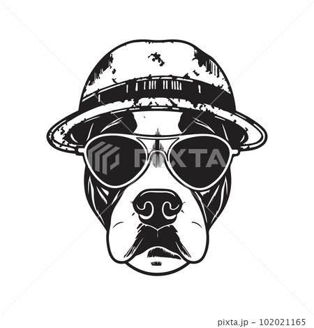 dog american staffordshire terrier in sunglasses and hat, vector concept digital art ,hand drawn illustration 102021165