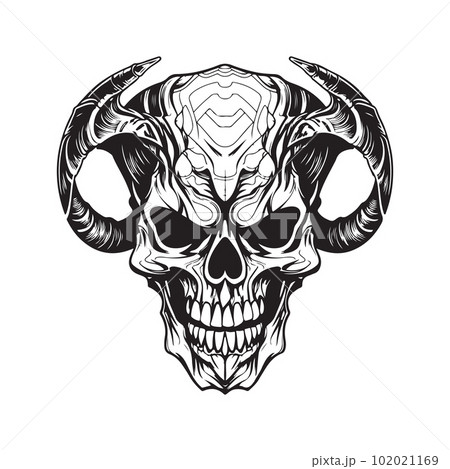 demon skull, vector concept digital art ,hand drawn illustration 102021169