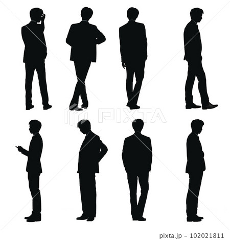 待ち合わせをしているようなポーズの若いビジネスマンの立ち姿の全身シルエット8種類セット 待ち合わせをしているようなポーズの若いビジネスマンの立ち姿の全身シルエット8種類セット 102021811