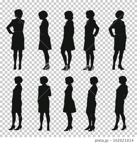 A simple full body silhouette set of a standing young woman wearing a suit 102021814