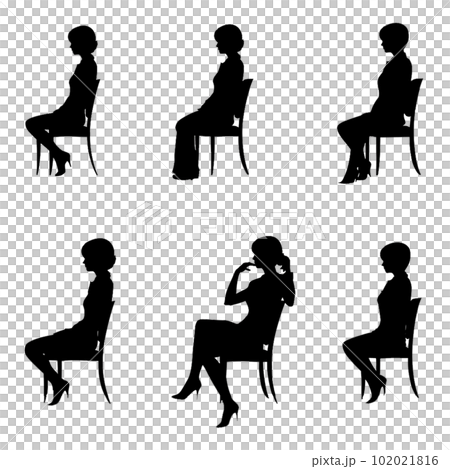 A simple full body silhouette set of a young woman in a suit sitting on a chair 102021816