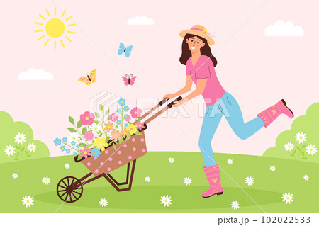 Happy woman pushing garden cart with flowers on the meadow. Sunny landscape with floral wheelbarrow, female gardener and butterflies. Agriculture, farming, gardening, spring or summer concept. Happy woman pushing garden cart with flowers on the meadow. Sunny landscape with floral wheelbarrow, female gardener and butterflies. Agriculture, farming, gardening, spring or summer concept. 102022533