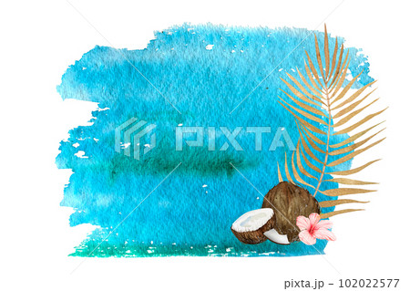 Watercolor palm leaf, Hawaiian flower and coconut.tropical plants . Hand drawn botanical illustration. 102022577