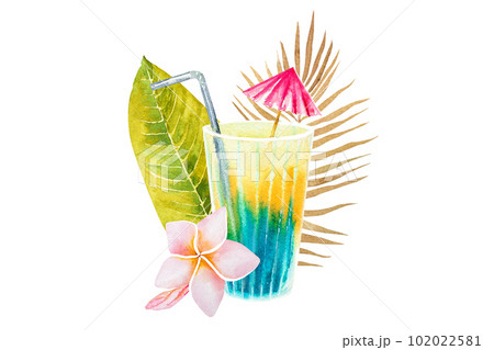 Watercolor illustration on a tropical theme. Drawing a multicolored drink in a glass and a Hawaiian flower.Hawaii 102022581