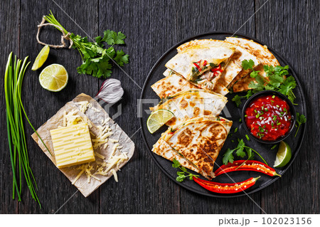 quesadilla with chicken, cheese, chilli, greens 102023156