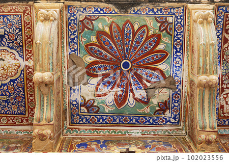 Colourful mythological paintings on the inner wall of Mahansar Castle built around 1768 A.D. In 2003 this castle converted in to a heritage hotel called Narayan Niwas Castle Fort Heritage Hotel. Colourful mythological paintings on the inner wall of Mahansar Castle built around 1768 A.D. In 2003 this castle converted in to a heritage hotel called Narayan Niwas Castle Fort Heritage Hotel. 102023556