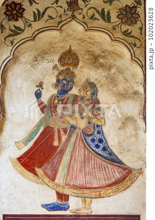 Colourful painting of Lord Shrikrishna with Radha on the inner wall of an old chhatri (cenotaph), Seth Anantram Podar and family ki smarak rupi chhatri, located in Ramgarh, Shekhawati, Rajasthan, Colourful painting of Lord Shrikrishna with Radha on the inner wall of an old chhatri (cenotaph), Seth Anantram Podar and family ki smarak rupi chhatri, located in Ramgarh, Shekhawati, Rajasthan, 102023628