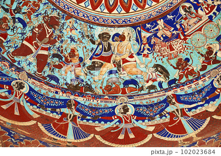 Colourful mythological paintings on the ceiling dome of Seth Ram Gopal Poddar Chhatri. 500 murals depicting lives of Lord Ram and Lord Krishna, built 150 years ago, located in Ramgarh, Shekhawati, Colourful mythological paintings on the ceiling dome of Seth Ram Gopal Poddar Chhatri. 500 murals depicting lives of Lord Ram and Lord Krishna, built 150 years ago, located in Ramgarh, Shekhawati, 102023684
