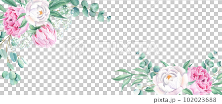 Floral watercolor banner, design frame. Pink and white peonies, eucalyptus and gypsophila branches. Hand drawn botanical illustration isolated on white background. Can be used for cards, wedding Floral watercolor banner, design frame. Pink and white peonies, eucalyptus and gypsophila branches. Hand drawn botanical illustration isolated on white background. Can be used for cards, wedding 102023688