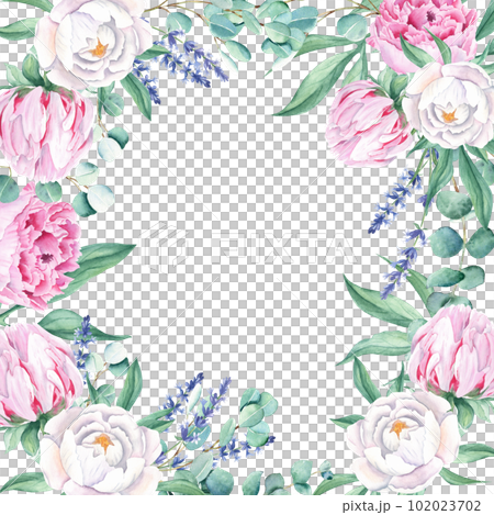 Watercolor square frame, pink and white peonies, eucalyptus and lavender branches. Hand drawn botanical illustration isolated on white background. Ideal for stationery, invitations, save the date 102023702