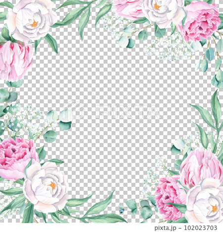 Watercolor square frame, pink and white peonies, eucalyptus and gypsophila branches. Hand drawn botanical illustration isolated on white background. Ideal for stationery, invitations, save the date Watercolor square frame, pink and white peonies, eucalyptus and gypsophila branches. Hand drawn botanical illustration isolated on white background. Ideal for stationery, invitations, save the date 102023703