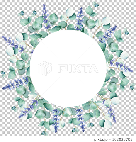 Watercolor eucalyptus and lavender branches circle frame isolated on white background. Hand drawn botanical illustration. For wedding invitations, save the date, greeting card, logos, prints. Watercolor eucalyptus and lavender branches circle frame isolated on white background. Hand drawn botanical illustration. For wedding invitations, save the date, greeting card, logos, prints. 102023705