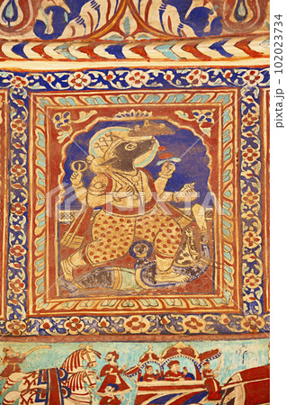 Colourful mythological paintings on the ceiling dome of Seth Ram Gopal Poddar Chhatri. 500 murals depicting lives of Lord Ram and Lord Krishna, built 150 years ago, located in Ramgarh, Shekhawati, 102023734