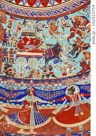 Colourful mythological paintings on the ceiling dome of Seth Ram Gopal Poddar Chhatri. 500 murals depicting lives of Lord Ram and Lord Krishna, built 150 years ago, located in Ramgarh, Shekhawati, Colourful mythological paintings on the ceiling dome of Seth Ram Gopal Poddar Chhatri. 500 murals depicting lives of Lord Ram and Lord Krishna, built 150 years ago, located in Ramgarh, Shekhawati, 102023754