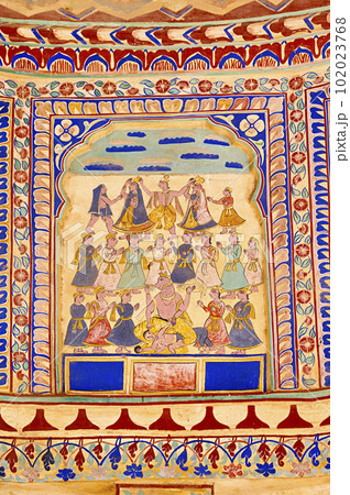 Colourful mythological paintings on the ceiling of Goenka Chhatri, situated near Shivgarh Fort, now converted in to a Heritage Hotel. It was built by Thakur Kesri Singh Ji in 1750, located in Dundlod, 102023768