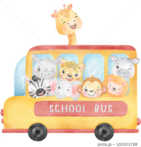 cute watercolor group of wild animal students kid in a yellow school bus back to school cute watercolor group of wild animal students kid in a yellow school bus back to school 102023788