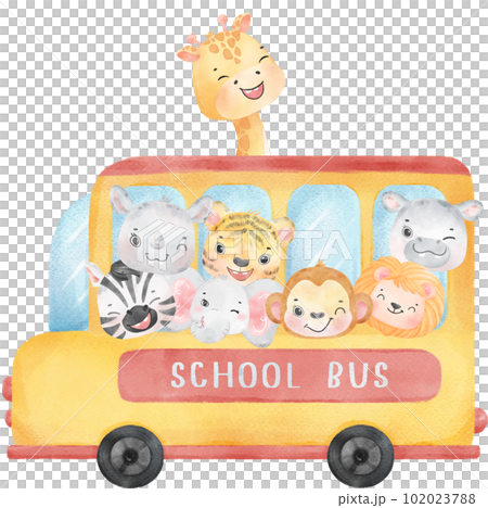 cute watercolor group of wild animal students kid in a yellow school bus back to school cute watercolor group of wild animal students kid in a yellow school bus back to school 102023788