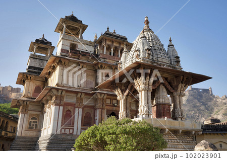 Shri Jagat Shiromani Mandir, a Hindu temple situated in Amer, constructed between 1599 and 1608 AD by Queen Kanakwati, Jaipur, Rajasthan, India Shri Jagat Shiromani Mandir, a Hindu temple situated in Amer, constructed between 1599 and 1608 AD by Queen Kanakwati, Jaipur, Rajasthan, India 102023901