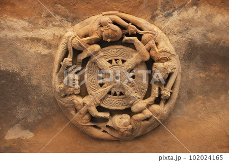 Carved idols on the inner pillar of Harshnath Temple, an ancient Hindu temple dedicated to Lord Shiva, situated on the top of a hill at Harsh Ki Pahadi, dated 973 CE, Sikar, Rajasthan, India 102024165