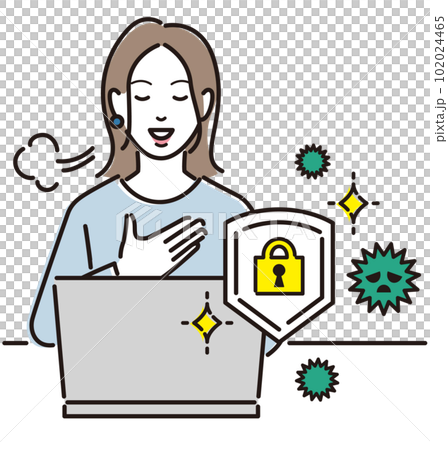 A young woman who feels relieved with laptop security measures 102024465