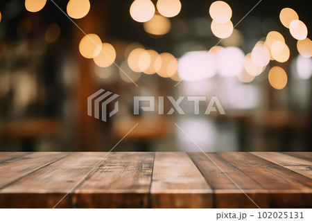 Empty Wooden Tabletop with Bokeh Lights on Blurred Restaurant Background.created with Generative AI Empty Wooden Tabletop with Bokeh Lights on Blurred Restaurant Background.created with Generative AI 102025131