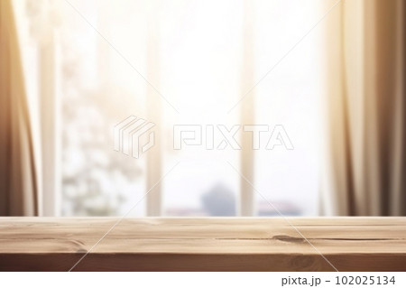 Minimalist Wooden Table in front of Blurred Window with Curtain. created with Generative AI Minimalist Wooden Table in front of Blurred Window with Curtain. created with Generative AI 102025134