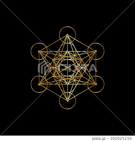 Gold Metatrons Cube,  Flower of Life. Sacred geometry, golden graphic element Vector isolated on black background. Mystic icon platonic solids, abstract geometric drawing, typical crop circles 102025210
