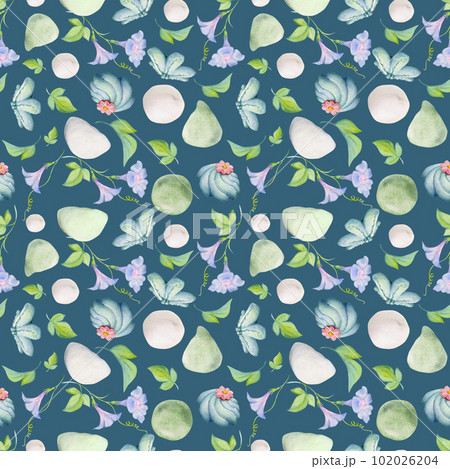 Watercolor seamless pattern with hand drawn traditional Japanese sweets. Wagashi, mochi, summer flowers. Isolated on color background. Invitations, restaurant menu, greeting cards, print, textile Watercolor seamless pattern with hand drawn traditional Japanese sweets. Wagashi, mochi, summer flowers. Isolated on color background. Invitations, restaurant menu, greeting cards, print, textile 102026204