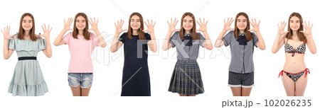 Collage of young beautiful girl isolated on white background. Collage of young beautiful girl isolated on white background. 102026235