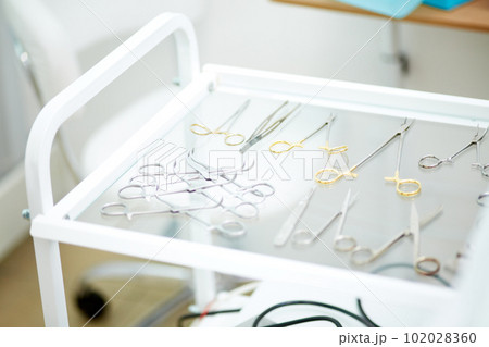 Surgical instrumets lying on table at vet clinic. Detailed shot of steralized surgery tools 102028360