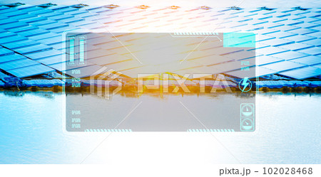 Blank screen HUD interface of solar panels against sunlight on background. 102028468