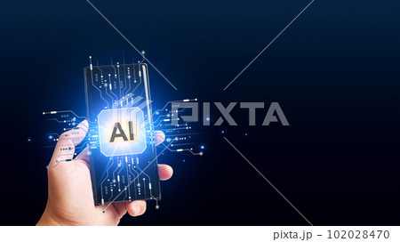 Artificial intelligence AI, smartphone machine learning on dark blue background with copy space. 102028470