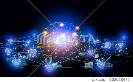 Conceptual background image with social connection lines and icons in cityscape at night time. 102028472