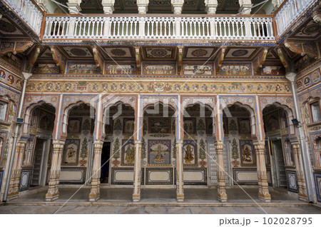 Colourful paintings on the inner wall of Dr. Ramnath Podar Haveli Museum, a cultural heritage museum which houses Rajasthani living style, miniature paintings, textiles, jewellery, and other items, Colourful paintings on the inner wall of Dr. Ramnath Podar Haveli Museum, a cultural heritage museum which houses Rajasthani living style, miniature paintings, textiles, jewellery, and other items, 102028795