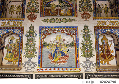 Colourful paintings on the inner wall of Dr. Ramnath Podar Haveli Museum, a cultural heritage museum which houses Rajasthani living style, miniature paintings, textiles, jewellery, and other items, Colourful paintings on the inner wall of Dr. Ramnath Podar Haveli Museum, a cultural heritage museum which houses Rajasthani living style, miniature paintings, textiles, jewellery, and other items, 102028796