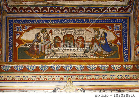 Colourful mythological painting on the inner wall of Dr. Ramnath Podar Haveli Museum, a cultural heritage museum which houses Rajasthani living style, miniature paintings, textiles, jewellery, and Colourful mythological painting on the inner wall of Dr. Ramnath Podar Haveli Museum, a cultural heritage museum which houses Rajasthani living style, miniature paintings, textiles, jewellery, and 102028816