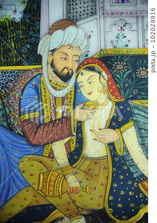 Painting on a marble plate displayed at Dr. Ramnath Podar Haveli Museum, a cultural heritage museum Shekhawati, Nawalgarh, Rajasthan, India Painting on a marble plate displayed at Dr. Ramnath Podar Haveli Museum, a cultural heritage museum Shekhawati, Nawalgarh, Rajasthan, India 102028916