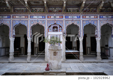 Kamal Morarka Haveli Museum in Shekhawati. Marwari merchants constructed grand havelis in the Shekhawati region dated 17th to 19th centuries richly decorated with painted murals, Nawalgarh, Rajasthan, Kamal Morarka Haveli Museum in Shekhawati. Marwari merchants constructed grand havelis in the Shekhawati region dated 17th to 19th centuries richly decorated with painted murals, Nawalgarh, Rajasthan, 102028962