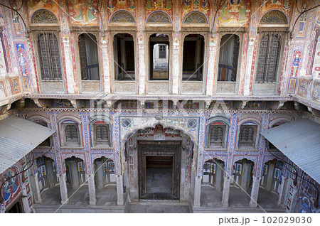 Kamal Morarka Haveli Museum in Shekhawati. Marwari merchants constructed grand havelis in the Shekhawati region dated 17th to 19th centuries richly decorated with painted murals, Nawalgarh, Rajasthan, Kamal Morarka Haveli Museum in Shekhawati. Marwari merchants constructed grand havelis in the Shekhawati region dated 17th to 19th centuries richly decorated with painted murals, Nawalgarh, Rajasthan, 102029030