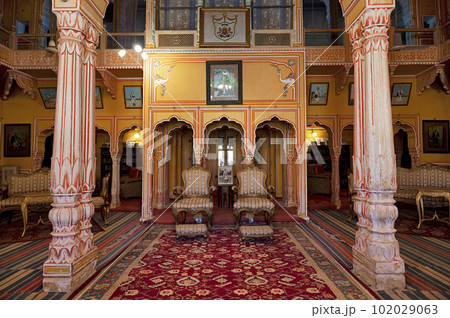 Interiors of Diwan Khana of Shivgarh Fort, now converted in to a Heritage Hotel. It was built by Thakur Kesri Singh Ji in 1750, located in Dundlod, Shekhawati, Rajasthan, India 102029063