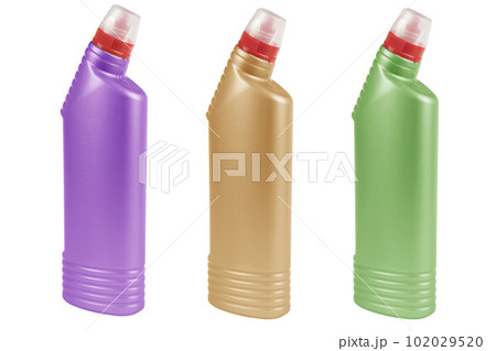Three plastic bottle for detergent cleaning agen iIsolated on white background. Plastic bottle isolated with clipping path. Empty space for text 102029520